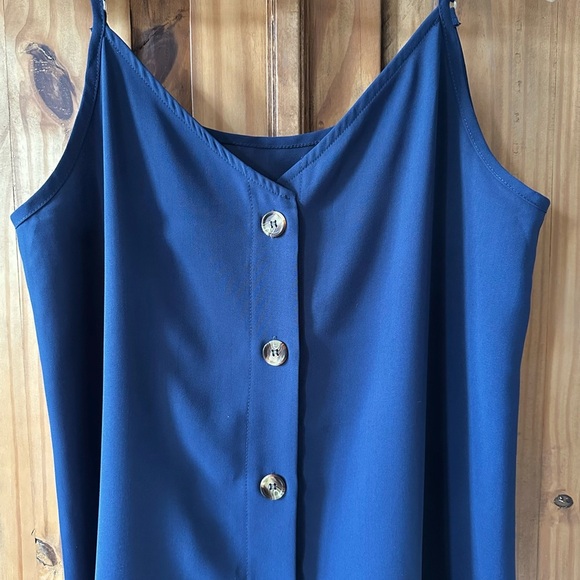 A-Line Navy Blue Button-Down Sleeveless Blouse Thin Straps Tank Top - Picture 3 of 11
